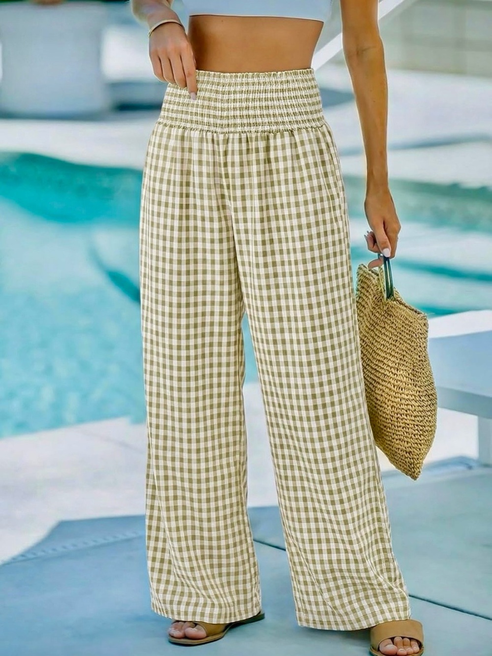 Wide-Leg Smocked Waist Gingham Pants - Sage Green and White (NEW) - Picture 4 of 6